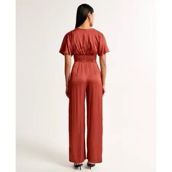 Abercrombie & Fitch Angel Sleeve Satin Wide Leg Jumpsuit Rose Medium - Picture 6 of 7